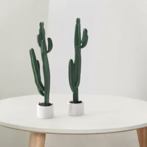 Photo de deux mini cactus artificiels posés sur une table basse blanche