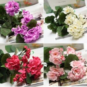 Images en 4 partie avec bouqets de geranium artificiel violet, blanc, rouge et rose