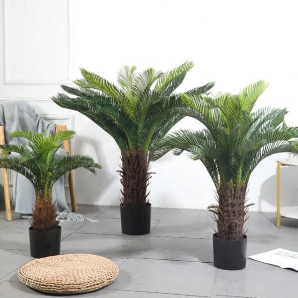 Un petit palmier en pot devant un coussin, à coté d'un grand palmier en pot, à coté d'un moyen palmier.