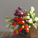 Bouquet de tulipes dans une panier en osier posé sur une table en bois