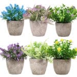 6 plantes artificielles de couleurs différentes dans un pot gris
