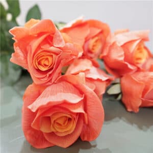 Six roses orange semi-ouverte sur une surface grise en gros plan.